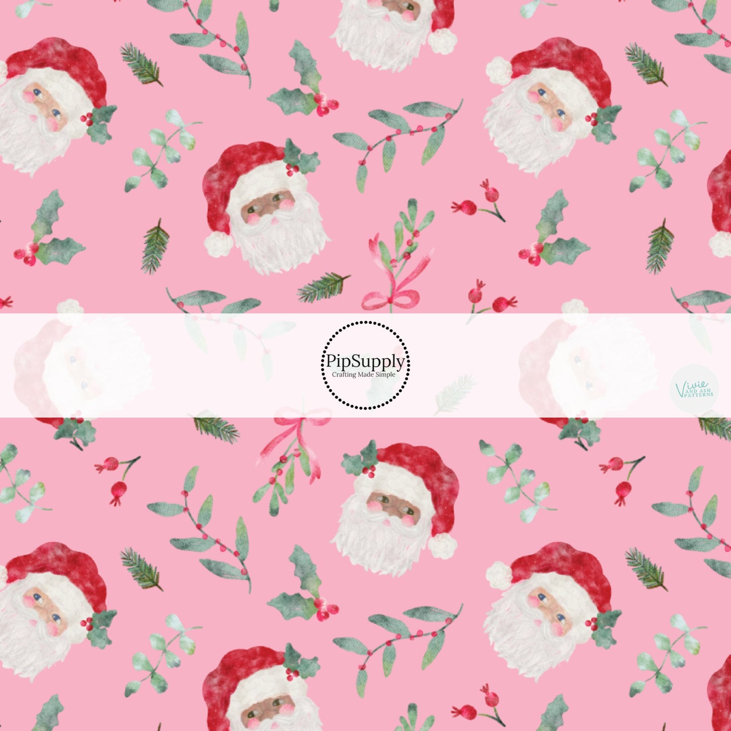 Pink fabric by the yard with mistletoe, holly leaves, and Santa Clause.