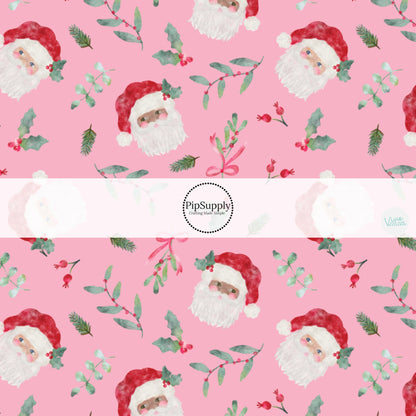 Holly leaves and stems with santa on pink hair bow strips
