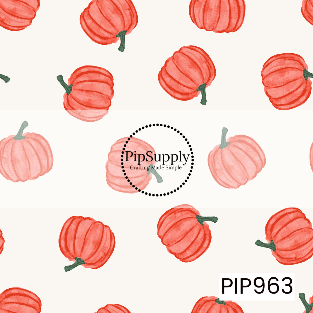 A seamless pattern of hand-painted coral-orange pumpkins with soft watercolor shading and muted green stems, scattered across a warm cream background.
