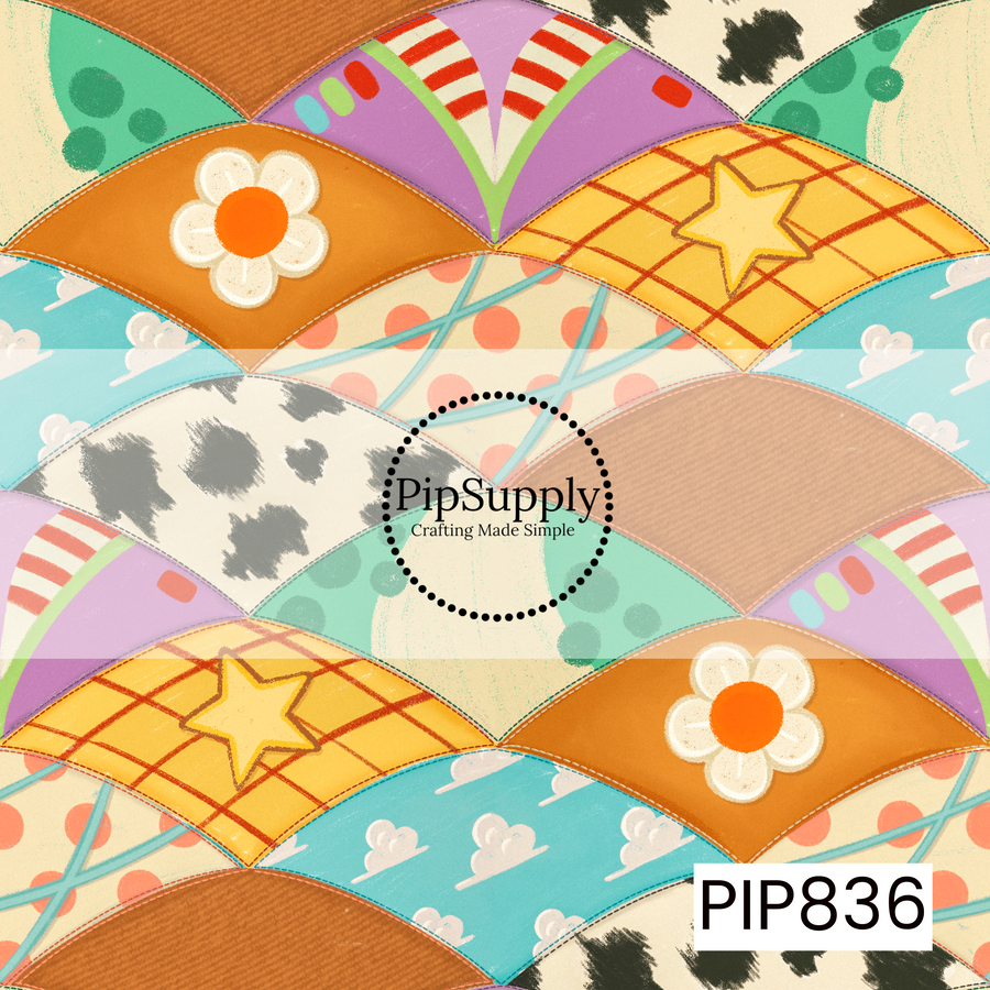 Patchwork-inspired design featuring overlapping quilt blocks in a variety of playful patterns, including cow print, clouds, polka dots, plaid, florals, and geometric accents. The color palette combines turquoise, aqua, orange, yellow, lavender, cream, tan, black, and coral pink. The stitched details and mixed-print panels create a cozy handmade quilt aesthetic with a cheerful, nostalgic toy-inspired theme.
