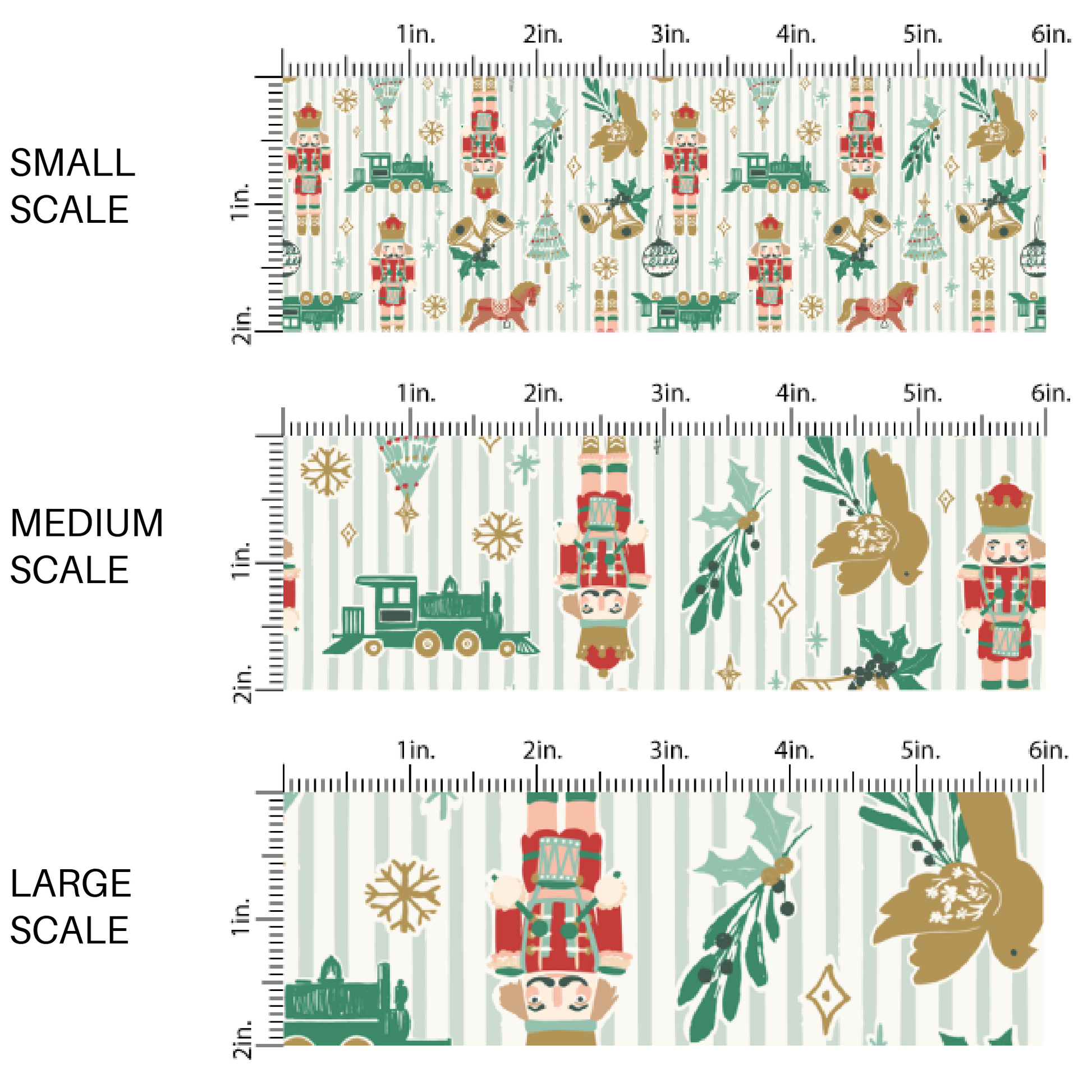 Cream fabric by the yard scaled image guide with sage green stripes and Christmas toys and florals.