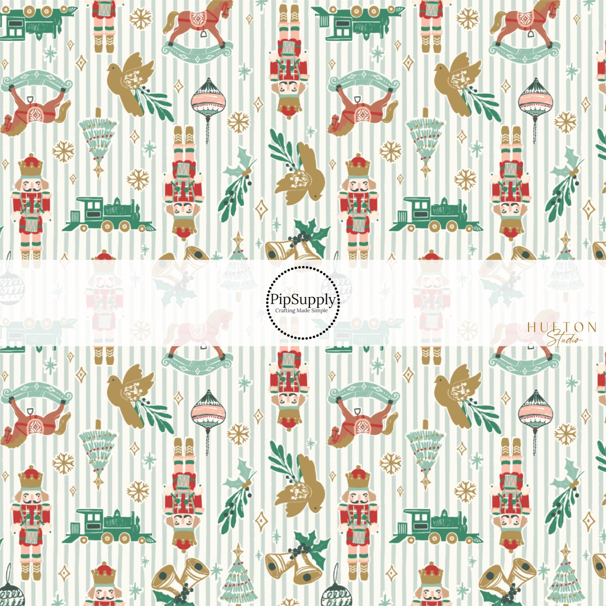 Cream fabric by the yard with sage green stripes and Christmas toys and florals.