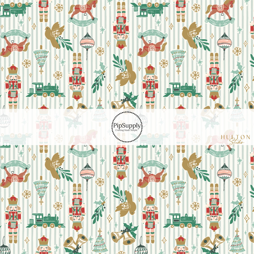 Cream fabric by the yard with sage green stripes and Christmas toys and florals.