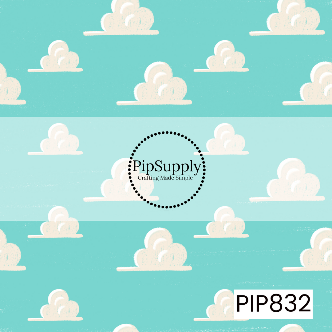 Light aqua-blue background featuring a repeating pattern of soft white cartoon-style clouds. The clouds have a rounded, hand-drawn appearance with subtle shading and a whimsical, storybook-inspired look. The simple color palette of aqua and white creates a bright, cheerful, and playful design with a dreamy sky theme.
