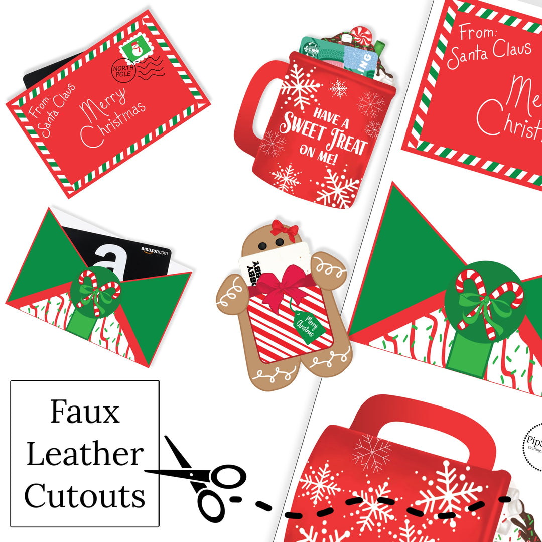 These traditional Christmas themed printed faux leather sheets or digital file download are ready to cut and assemble for many craft projects. These patterned cutouts can be used to make gift card holders, photo props, scrapbooks, party or classroom decorations, bulletin board trim or anything creative!