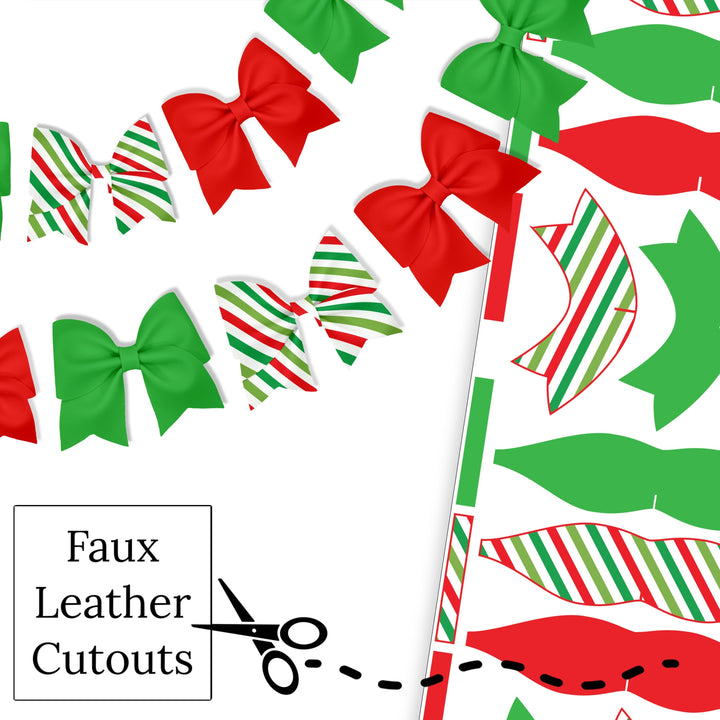 These traditional Christmas holiday themed layered faux leather bows are ready to cut and assemble into a bow garland. These patterned cutouts can also be used to make a hair bow, headband, banner, photo props, scrapbook, party or classroom decorations, bulletin board trim or anything creative! You will receive one faux leather sheet with varying quantities of cutouts based on your selections. 