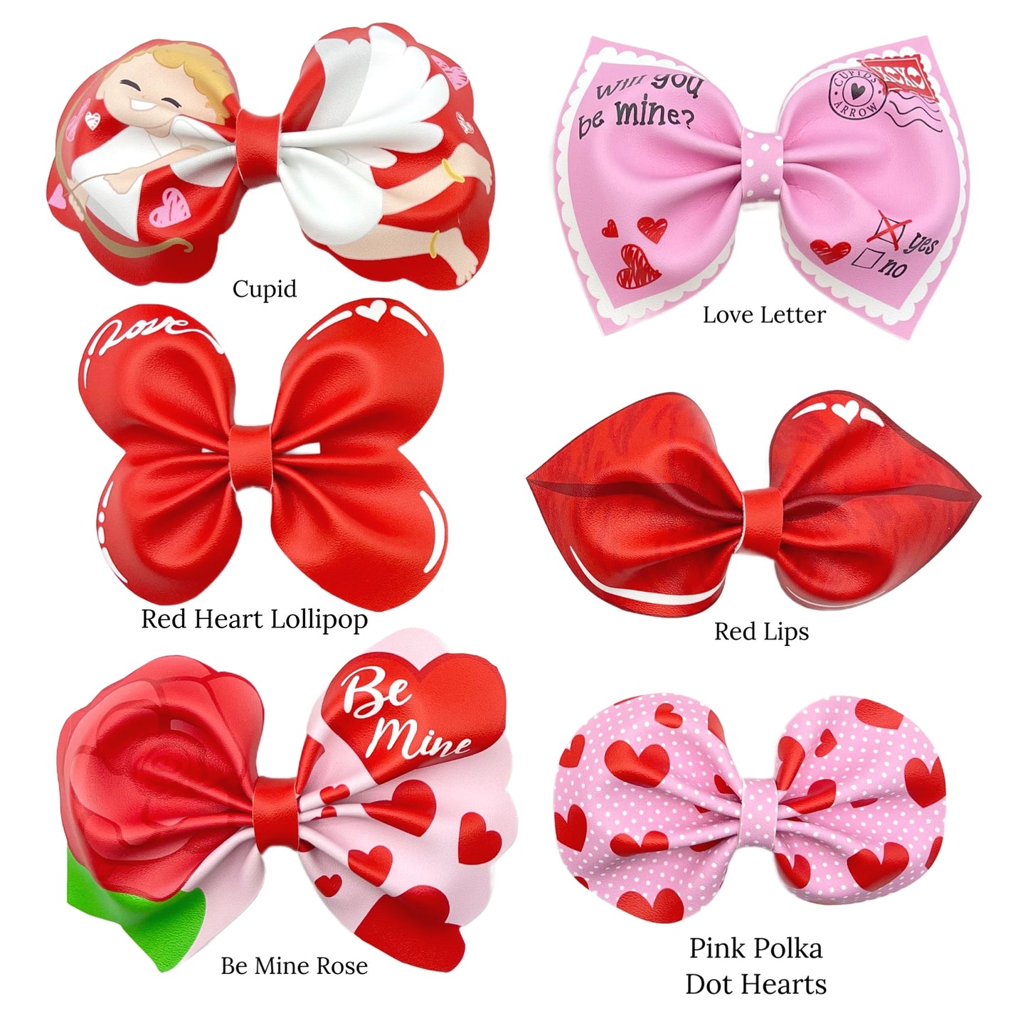 Cupid, lips, roses, hearts, and love letters faux leather hair bows - Bow Template - Names