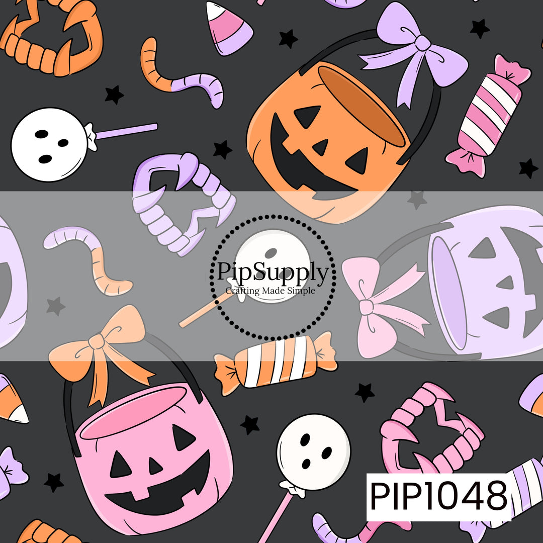 A playful seamless pattern featuring colorful jack-o'-lantern candy buckets adorned with bows, spooky ghost lollipops, wrapped candies, candy corn, gummy worms, and vampire fangs. Set against a charcoal background with scattered black stars, the pastel palette of orange, pink, lavender, and peach creates a fun, whimsical Halloween design with a sweet coquette twist.
