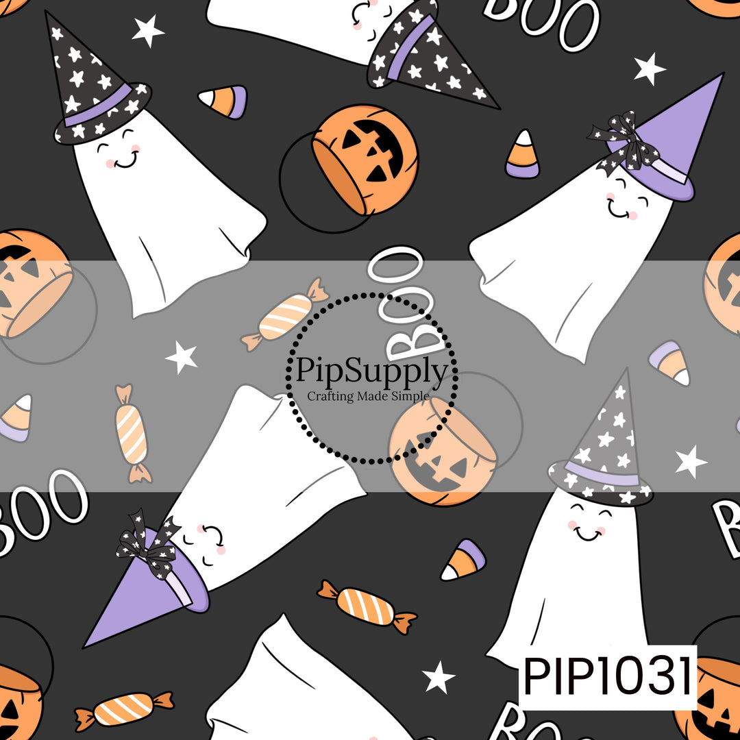 A playful seamless Halloween pattern featuring smiling ghosts wearing whimsical black and lavender witch hats, cheerful jack-o'-lantern trick-or-treat buckets, candy corn, wrapped candies, scattered stars, and bold "Boo" lettering on a charcoal black background. The soft pastel orange, lavender, black, and white color palette creates a sweet, whimsical Halloween design with a fun, festive feel.
