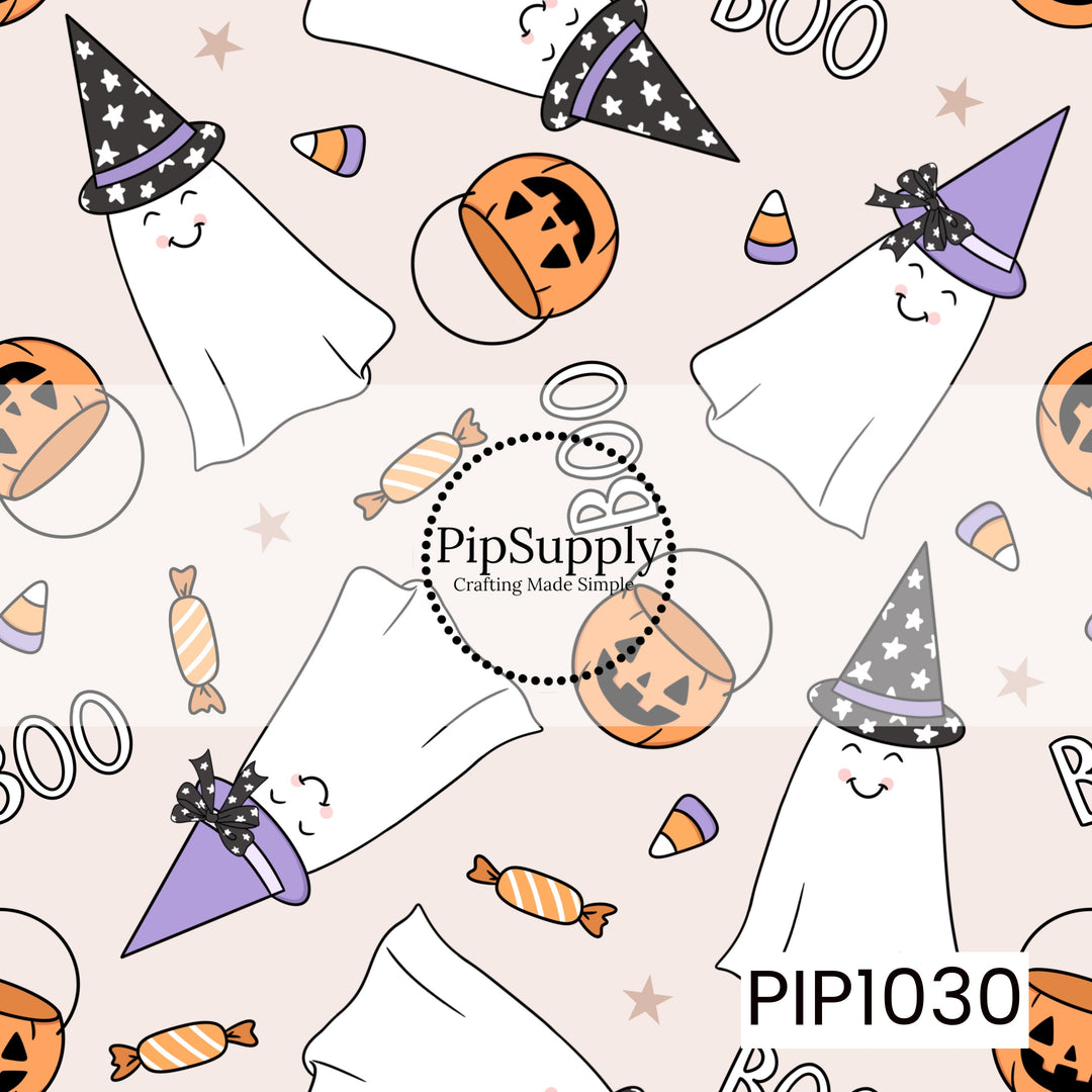 A playful seamless Halloween pattern featuring smiling ghosts wearing whimsical black and purple witch hats, cheerful jack-o'-lantern trick-or-treat buckets, candy corn, wrapped candies, scattered stars, and bold "Boo" lettering. The soft neutral background and pastel orange, lavender, black, and white color palette create a sweet, whimsical Halloween design with a fun, festive feel.
