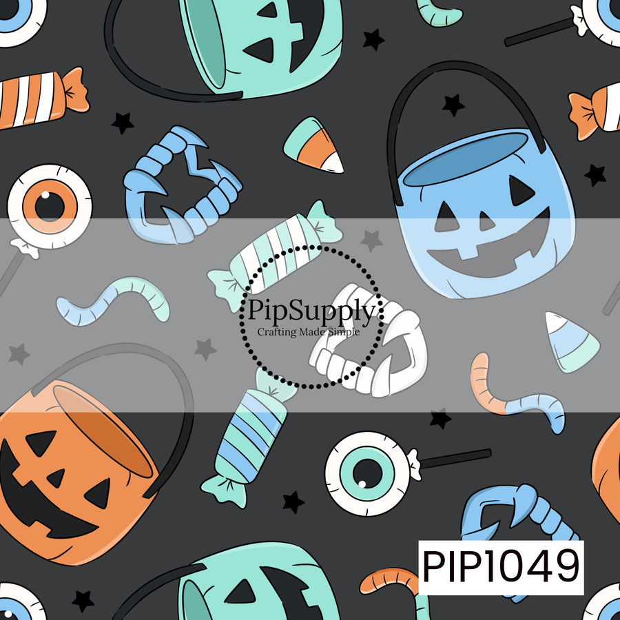 A playful seamless pattern featuring colorful jack-o'-lantern candy buckets, wrapped candies, candy corn, gummy worms, eyeball lollipops, and vampire fangs in shades of orange, mint, blue, and white. Set against a charcoal background with scattered black stars, the whimsical design combines classic trick-or-treat favorites with a fun pastel Halloween color palette.
