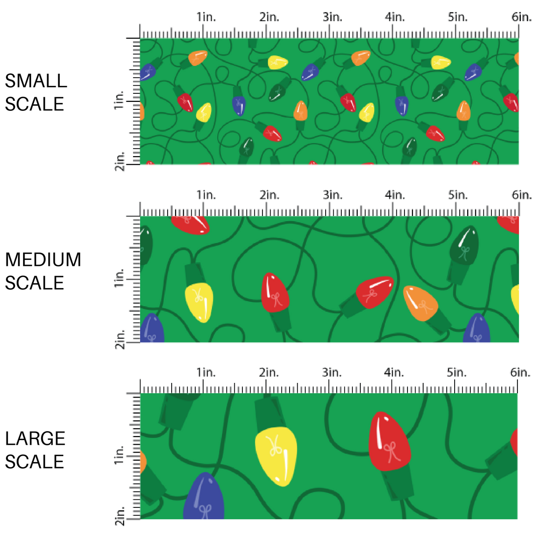 Dark green fabric by the yard scaled image guide with yellow, red, orange, blue, and green Christmas lights.