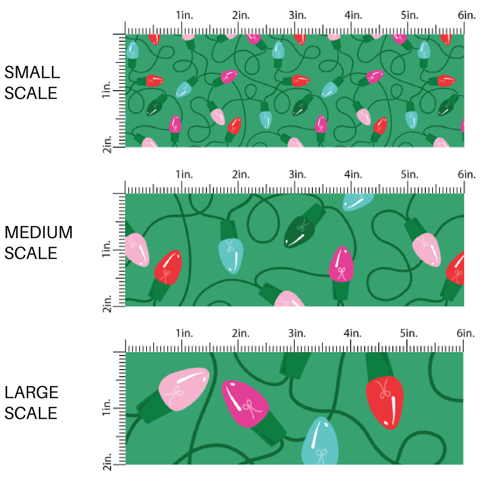 Green fabric by the yard scaled image guide with pink, red, blue, and green Christmas lights.