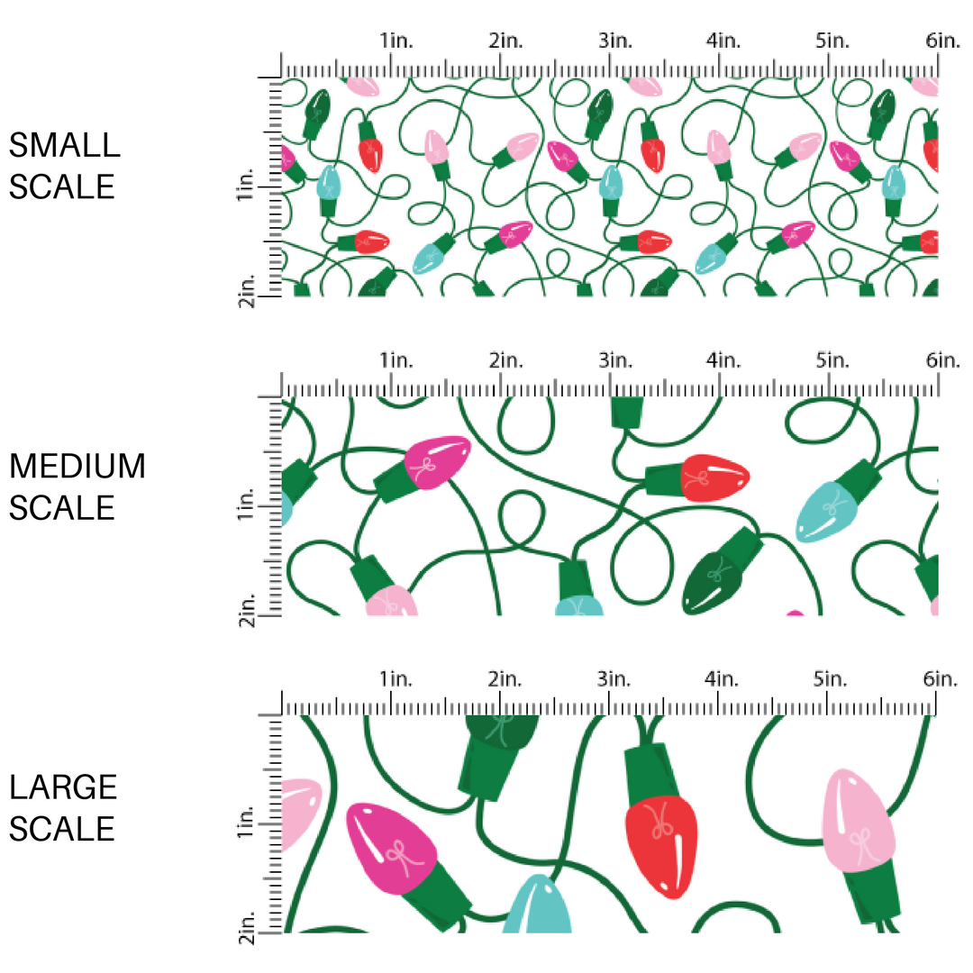 White fabric by the yard scaled image guide with pink, red, blue, and green Christmas lights.