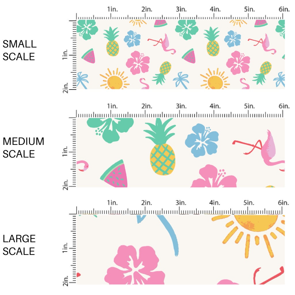 This scale chart of small scale, medium scale, and large scale of this beach fabric by the yard features tropical flowers, suns, flamingos, and palm trees. This fun themed fabric can be used for all your sewing and crafting needs!