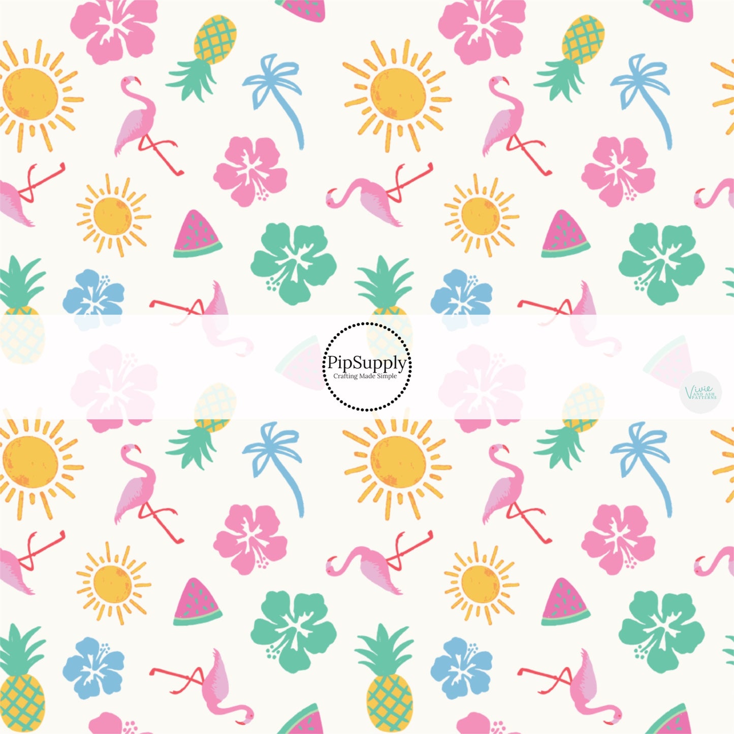 This beach fabric by the yard features tropical flowers, suns, flamingos, and palm trees. This fun themed fabric can be used for all your sewing and crafting needs!