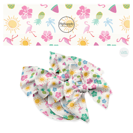 These beach themed no sew bow strips can be easily tied and attached to a clip for a finished hair bow. These patterned bow strips are great for personal use or to sell. These bow strips feature tropical flowers, suns, flamingos, and palm trees.