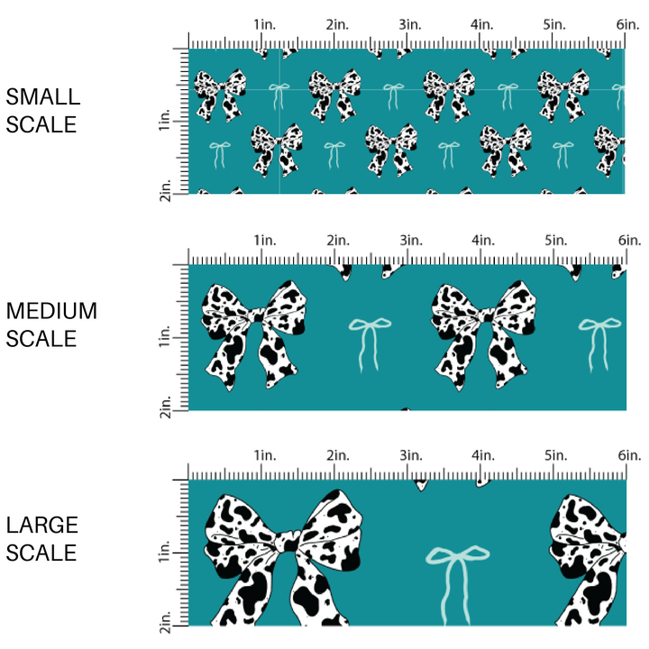 Cow Print and Blue Coquette Bows on Turquoise Fabric by the Yard scaled image guide.