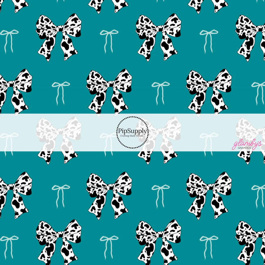 Cow Print and Blue Coquette Bows on Turquoise Fabric by the Yard.