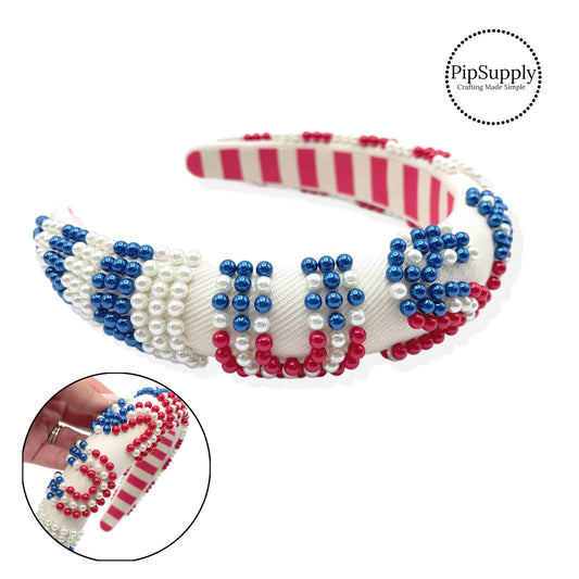 These embellished headbands with patriotic pearls are a stylish hair accessory having the look of a knotted headwrap and the on and off ease of a headband. Made with thick high quality fabric these headbands are a perfect simple and fashionable answer to keeping your hair back!