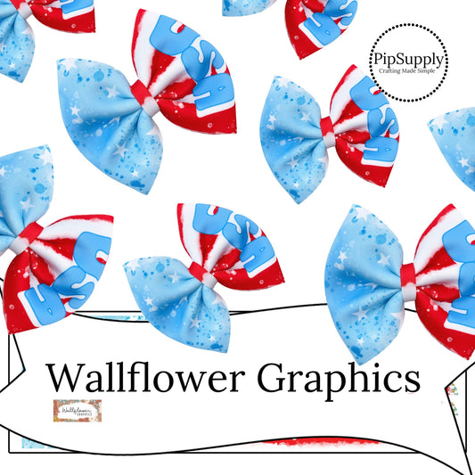 red and bright blue usa watercolor pattern fabric bow template for hand cut hair bows