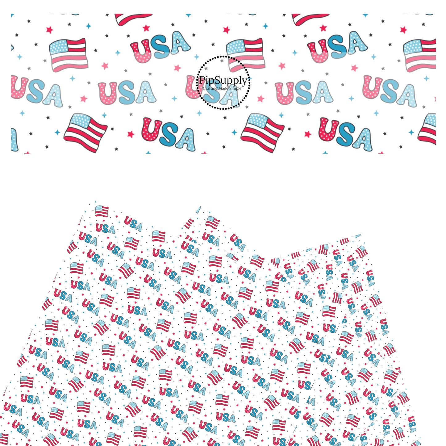 These 4th of July faux leather sheets contain the following design elements: patterned "USA" words, American flags, and tiny patriotic stars. Our CPSIA compliant faux leather sheets or rolls can be used for all types of crafting projects.