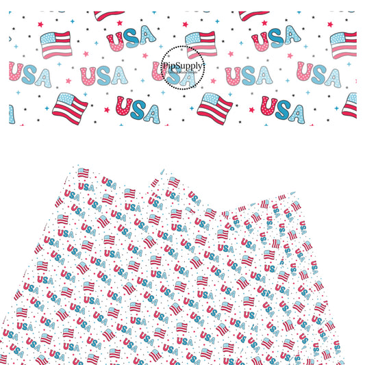 These 4th of July faux leather sheets contain the following design elements: patterned "USA" words, American flags, and tiny patriotic stars. Our CPSIA compliant faux leather sheets or rolls can be used for all types of crafting projects.