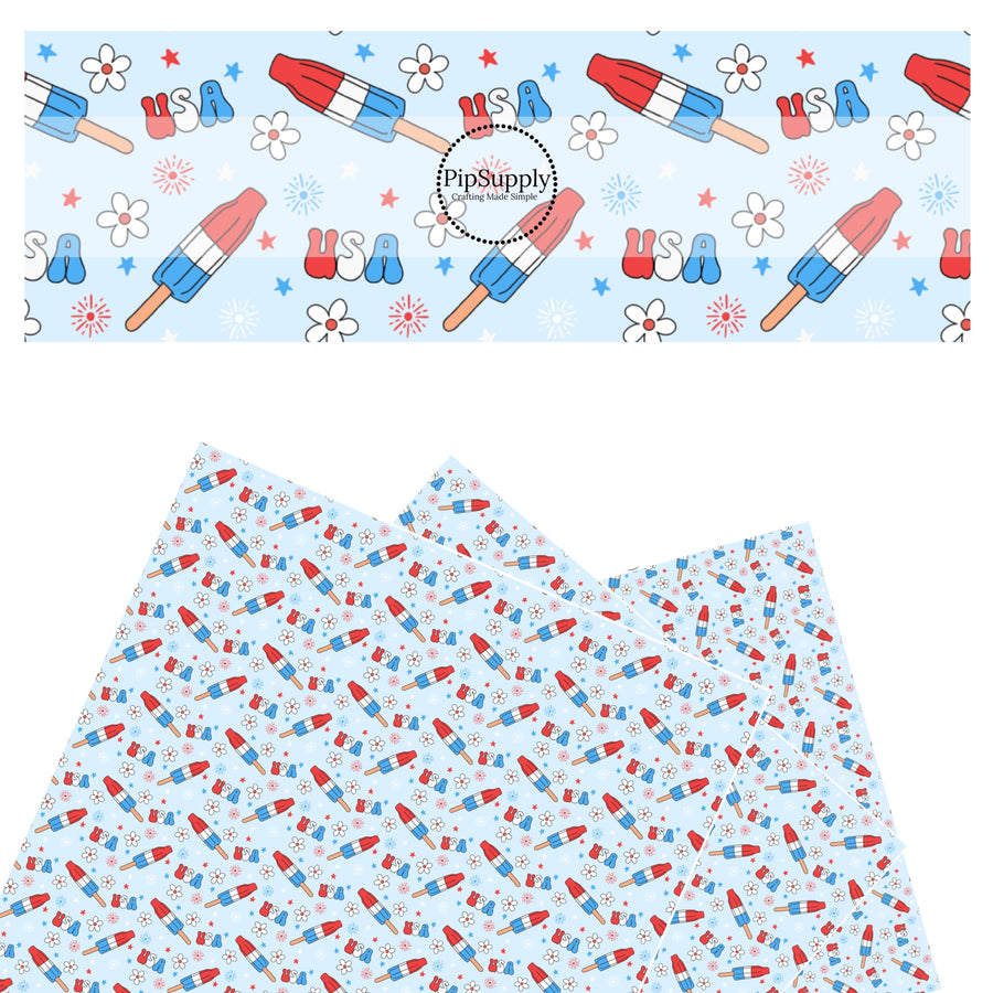 These 4th of July faux leather sheets contain the following design elements: USA, popsicles, and daisies. Our CPSIA compliant faux leather sheets or rolls can be used for all types of crafting projects.