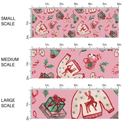 Ugly Christmas sweaters, mittens, hot cocoa, candy canes, mistletoe, holly leave, and presents on pink fabric by the yard scaled image guide.
