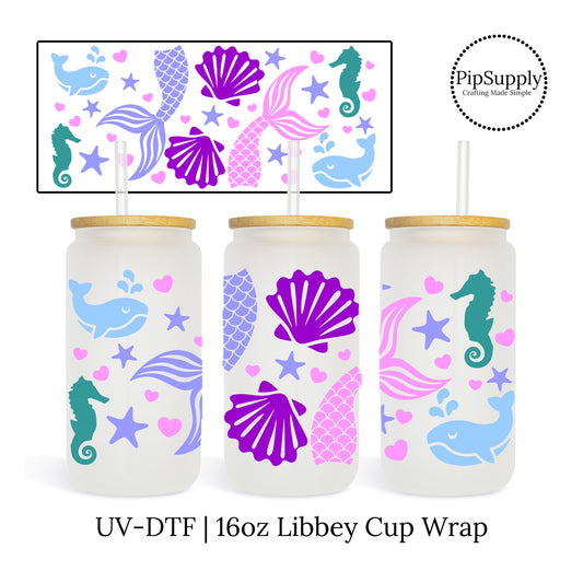 Blue, purple, and pink mermaid and ocean life Libbey cup wrap adhesive.