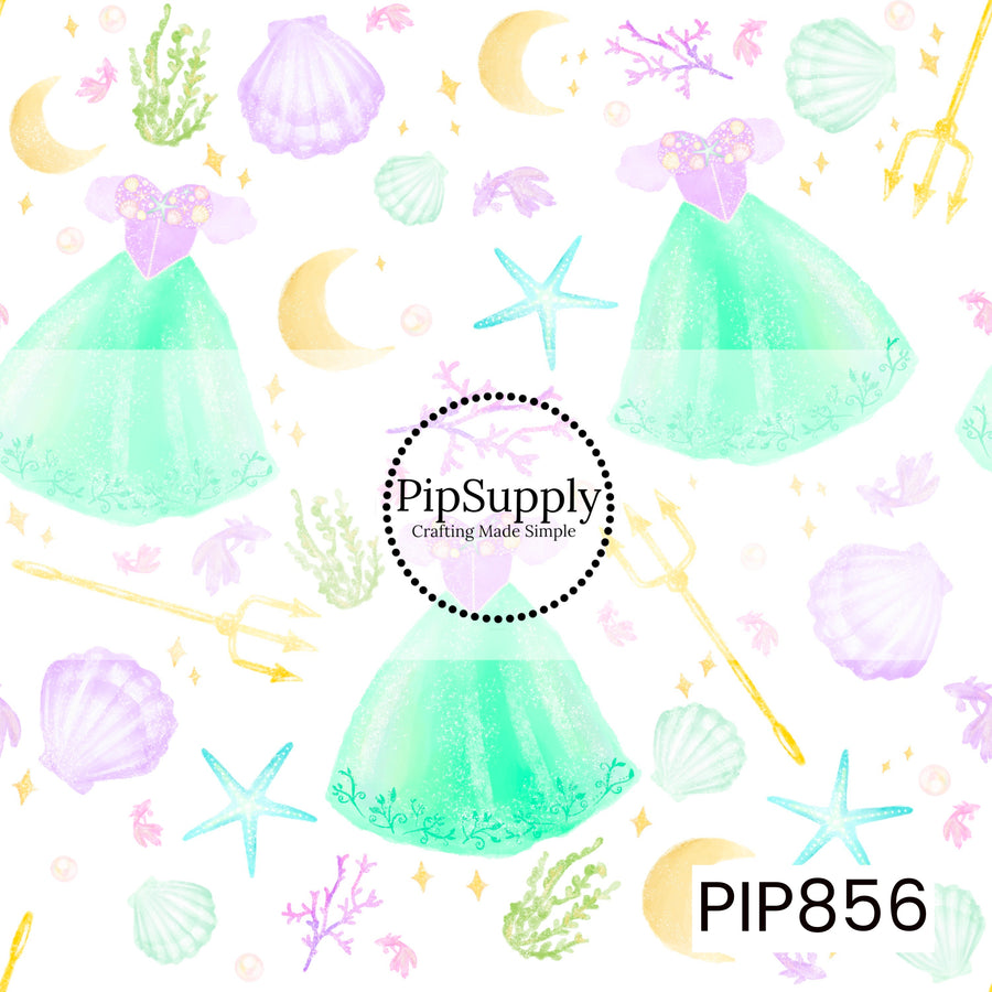 This whimsical watercolor design features seafoam green princess dresses with lavender shell-inspired bodices, surrounded by pastel seashells, starfish, coral branches, pearls, crescent moons, and golden tridents. Soft shades of mint, lavender, aqua, and gold create a dreamy under-the-sea aesthetic, blending ocean magic with royal elegance for a charming and enchanting look.
