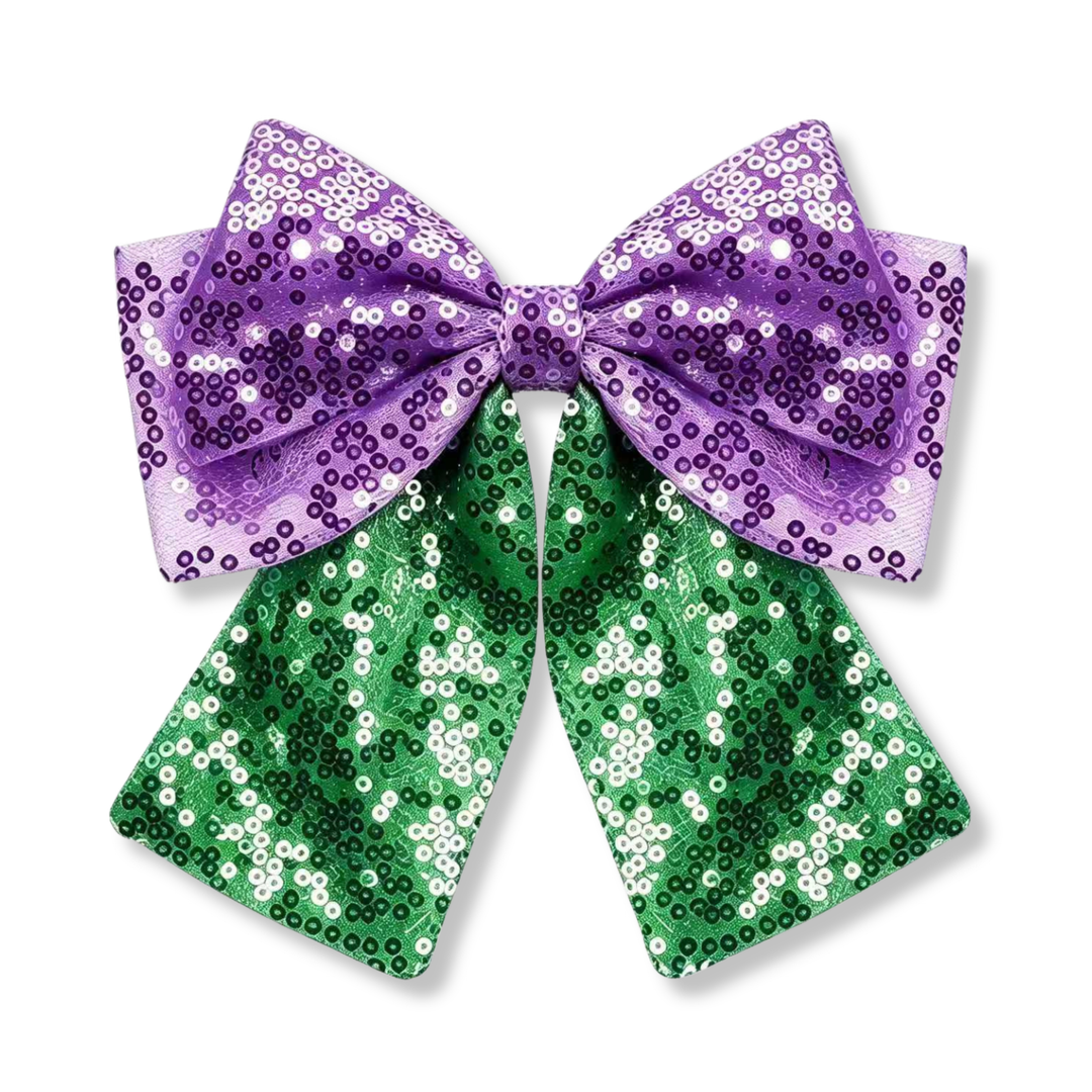 A sparkling sequin bow featuring vibrant lavender sequins on the top loops and rich emerald green sequins on the tails, creating a bold and eye-catching color contrast. 

SIZE: 5"X 6"