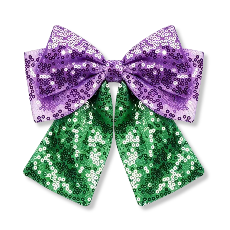 A sparkling sequin bow featuring vibrant lavender sequins on the top loops and rich emerald green sequins on the tails, creating a bold and eye-catching color contrast. 

SIZE: 5"X 6"