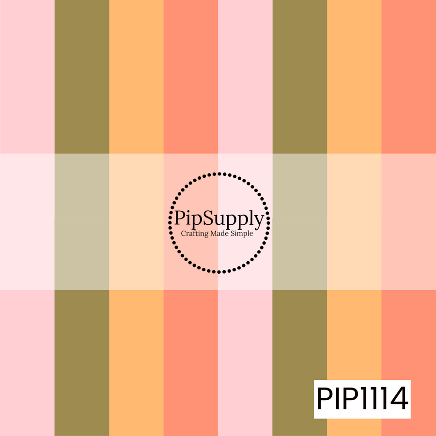 Soft vertical stripes in warm peach, blush pink, coral, golden apricot, and muted olive create a timeless coordinating design. The balanced color palette adds a classic touch with a cozy, vintage-inspired feel.
