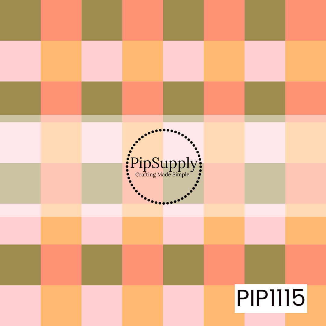 A classic buffalo check pattern featuring warm olive green, coral, peach, and blush pink squares. This timeless coordinate blends soft autumn-inspired colors for a cozy, playful look.
