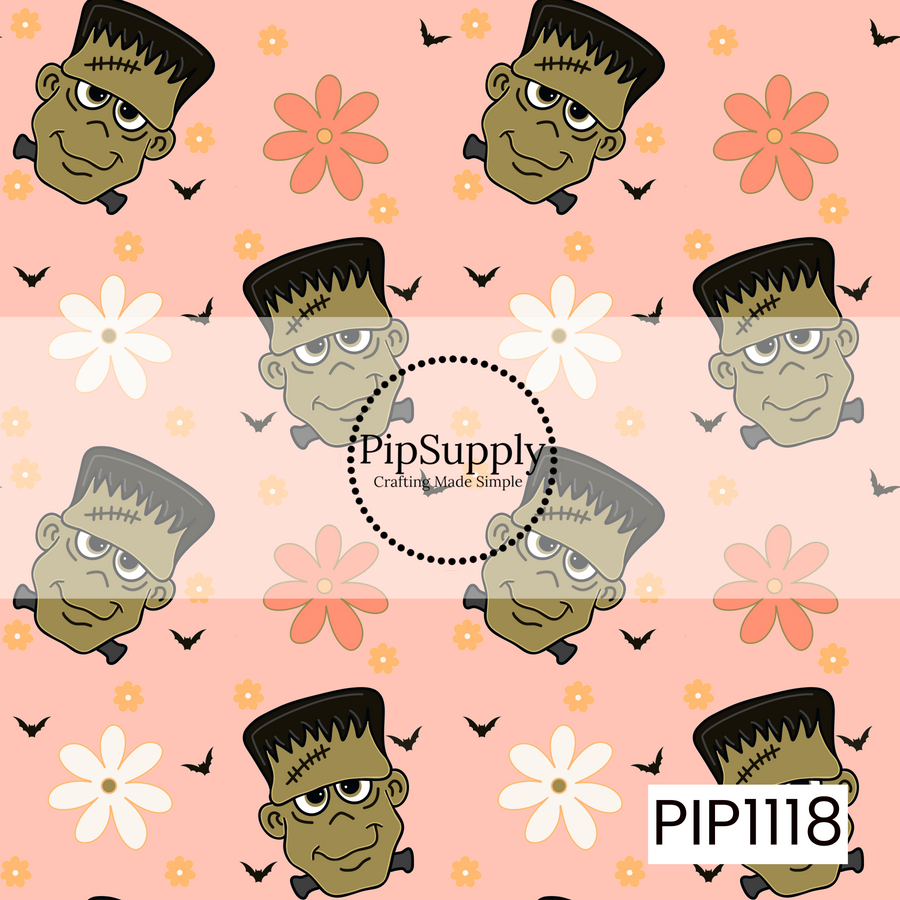 A sweet and spooky seamless pattern featuring smiling Frankenstein faces scattered among retro daisies and tiny flying bats on a soft peach background. Warm shades of coral, cream, olive, and black create a playful vintage Halloween design with a fun, whimsical feel.
