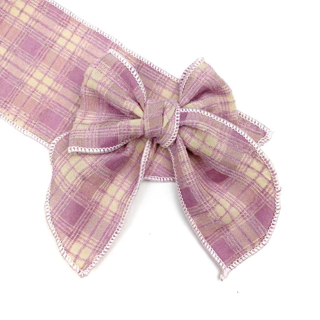 Purple Dream Cream Plaid  Effortless Bow Strips - Serged Edge