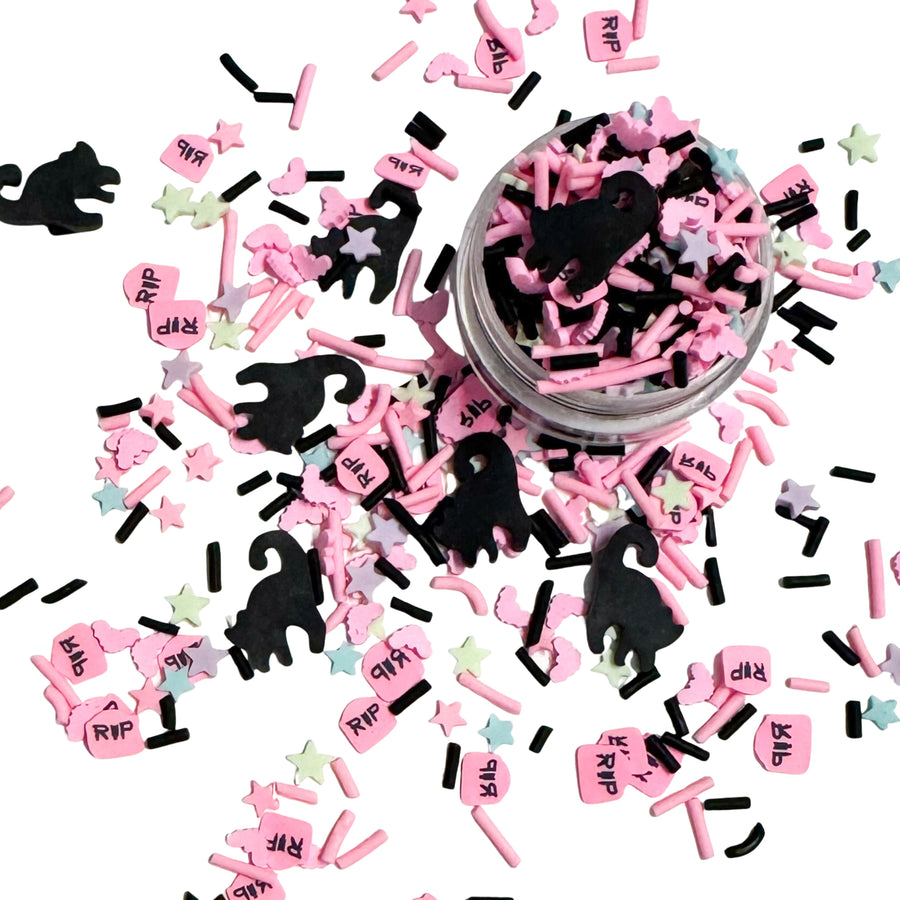 This pink and black clay slices is versatile for many craft projects. This Halloween clay slices has cats, RIP headstones, and stars. You can use it to add sparkle and decoration to resin projects, filling for shaker bows, slime making, party decor, scrapbooking, card making and nail art.