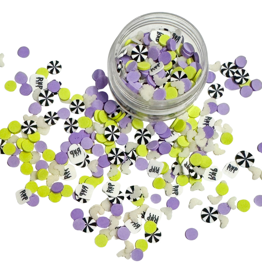 This Halloween themed clay slice mix is versatile for many craft projects. This clay slice mix has&nbsp; purple &amp; green dots, b/w swirls, rip &amp; glow in the dark bats. You can use it to add sparkle and decoration to resin projects, filling for shaker bows, slime making, party decor, scrapbooking, card making and nail art.