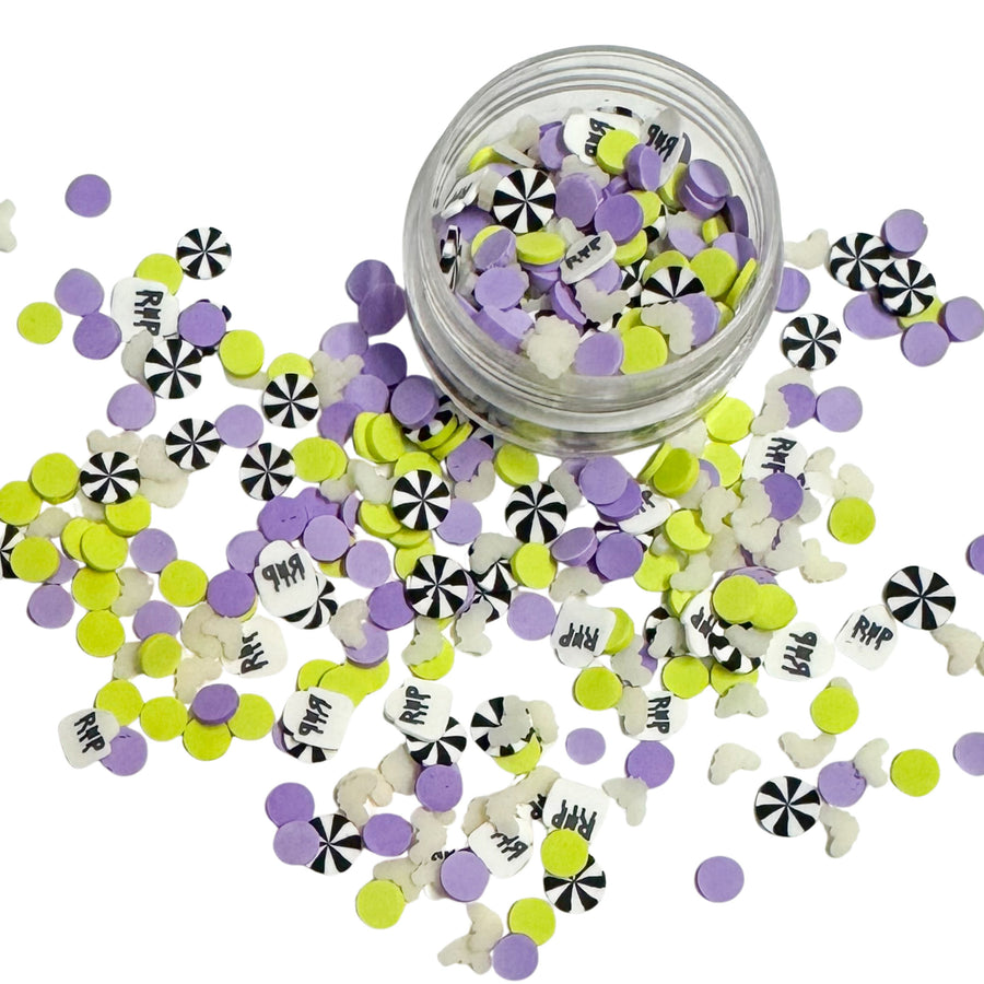 This Halloween themed clay slice mix is versatile for many craft projects. This clay slice mix has&nbsp; purple &amp; green dots, b/w swirls, rip &amp; glow in the dark bats. You can use it to add sparkle and decoration to resin projects, filling for shaker bows, slime making, party decor, scrapbooking, card making and nail art.