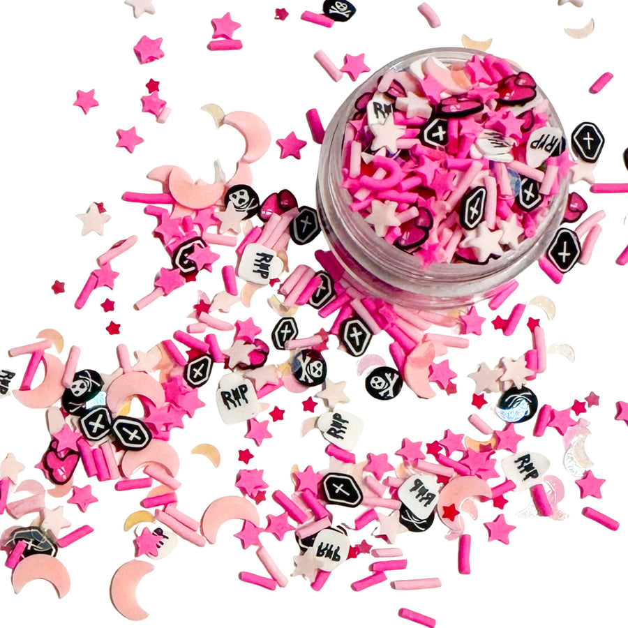This graveyard clay slices is versatile for many craft projects. This Halloween clay slice mix has headstones, sprinkles, coffins, moons, stars, skeletons, and hearts. You can use it to add sparkle and decoration to resin projects, filling for shaker bows, slime making, party decor, scrapbooking, card making and nail art.