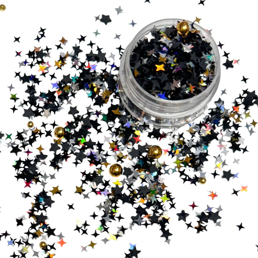 This black and gold clay slices mix is versatile for many craft projects. This New Year mix has black, gold, and silver star confetti and halved gold pearls. You can use it to add sparkle and decoration to resin projects, filling for shaker bows, slime making, party decor, scrapbooking, card making and nail art.