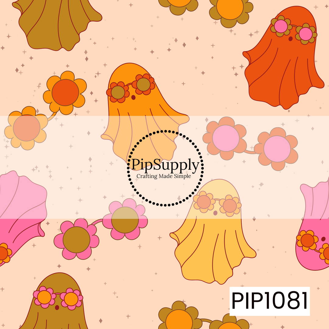 A charming retro Halloween pattern featuring adorable ghosts wearing daisy flower crowns, scattered with vintage-inspired blooms and twinkling stars on a soft peach background. Warm shades of orange, pink, mustard, and cream create a playful boho design with a sweet, whimsical autumn feel.
