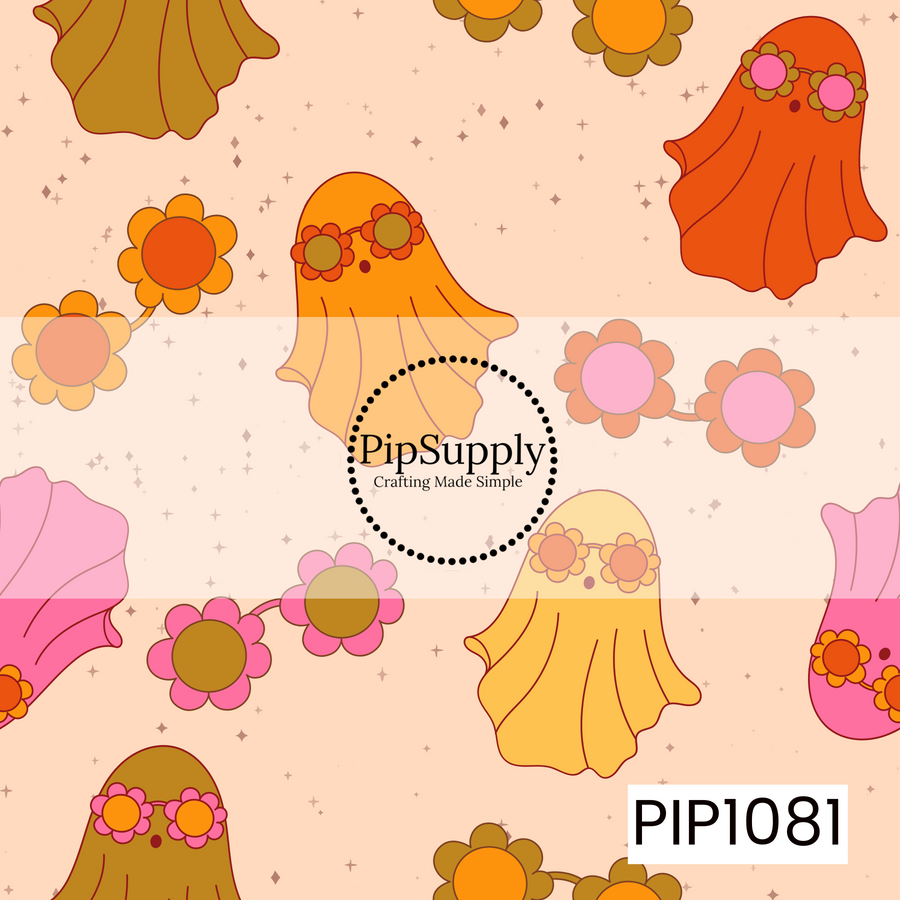 A charming retro Halloween pattern featuring adorable ghosts wearing daisy flower crowns, scattered with vintage-inspired blooms and twinkling stars on a soft peach background. Warm shades of orange, pink, mustard, and cream create a playful boho design with a sweet, whimsical autumn feel.
