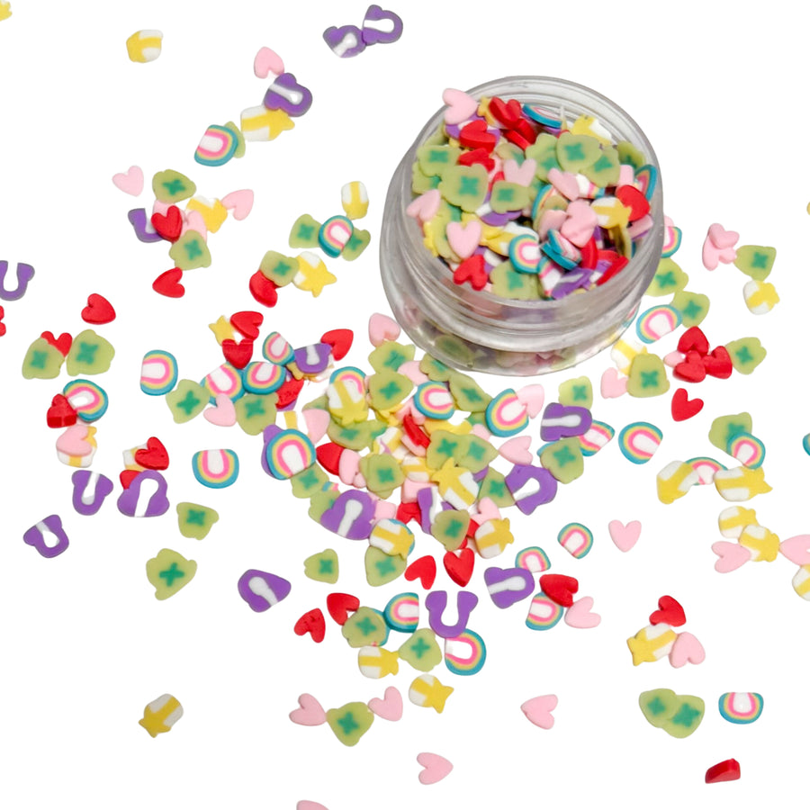 These Rainbow love Clay slices are versatile for many festive craft projects. These clays are shaped as rainbow, shamrock, shooting stars and hearts designed clay slices. You can use it to add sparkle and decoration to resin projects, filling for shaker bows, slime making, party decor, scrapbooking, card making and nail art.