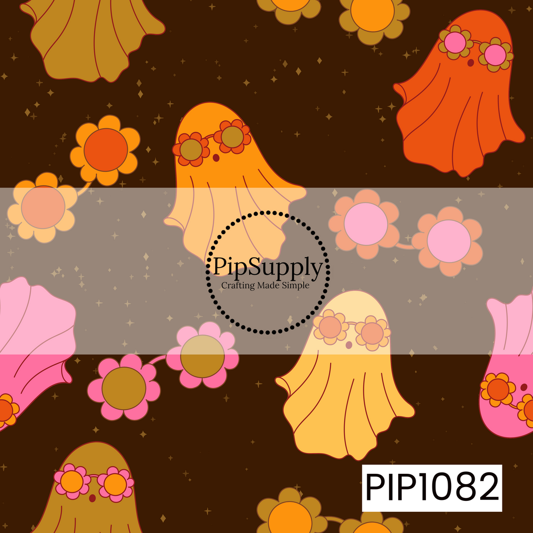 A charming retro Halloween pattern featuring adorable ghosts wearing daisy flower crowns, scattered with vintage-inspired blooms and twinkling stars on a rich chocolate brown background. Warm shades of orange, pink, mustard, and cream create a cozy boho design with a playful, spooky autumn feel.
