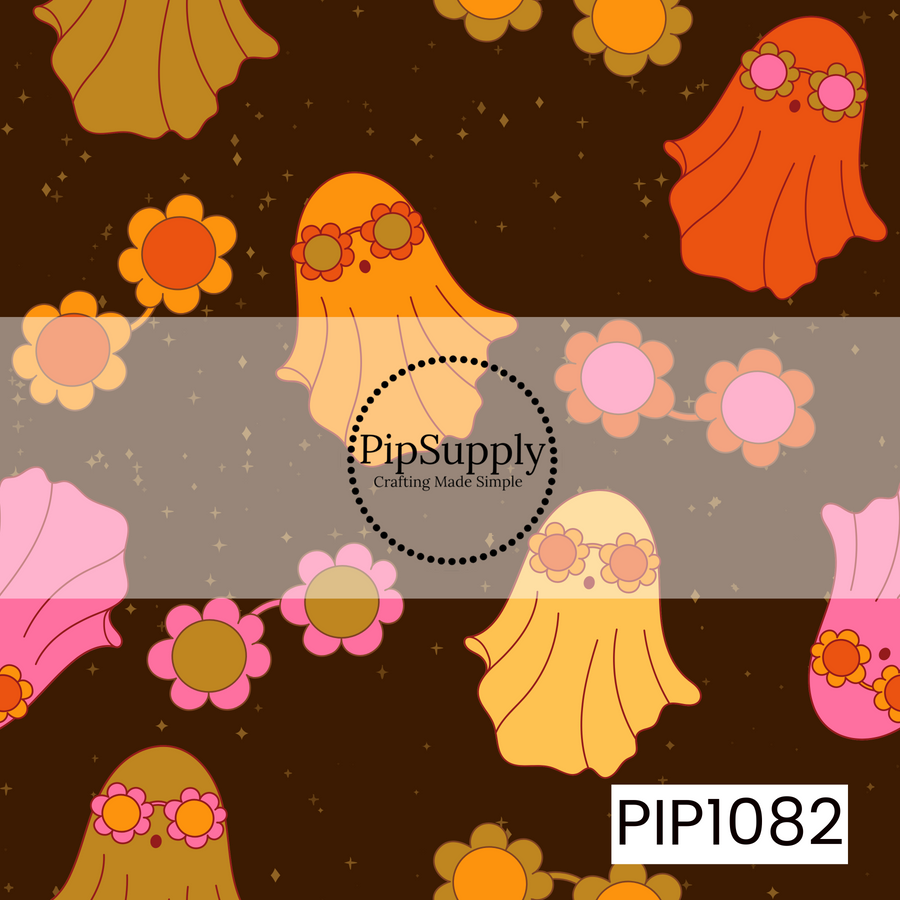 A charming retro Halloween pattern featuring adorable ghosts wearing daisy flower crowns, scattered with vintage-inspired blooms and twinkling stars on a rich chocolate brown background. Warm shades of orange, pink, mustard, and cream create a cozy boho design with a playful, spooky autumn feel.
