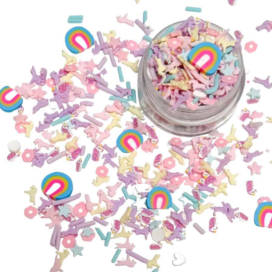 These unicorn and rainbow Clay slices are versatile for many festive craft projects. These clays are shaped as rainbow, sprinkle and unicorn designed clay slices. You can use it to add sparkle and decoration to resin projects, filling for shaker bows, slime making, party decor, scrapbooking, card making and nail art.