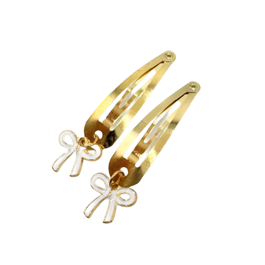 gold snap clip with white dangle bow charm