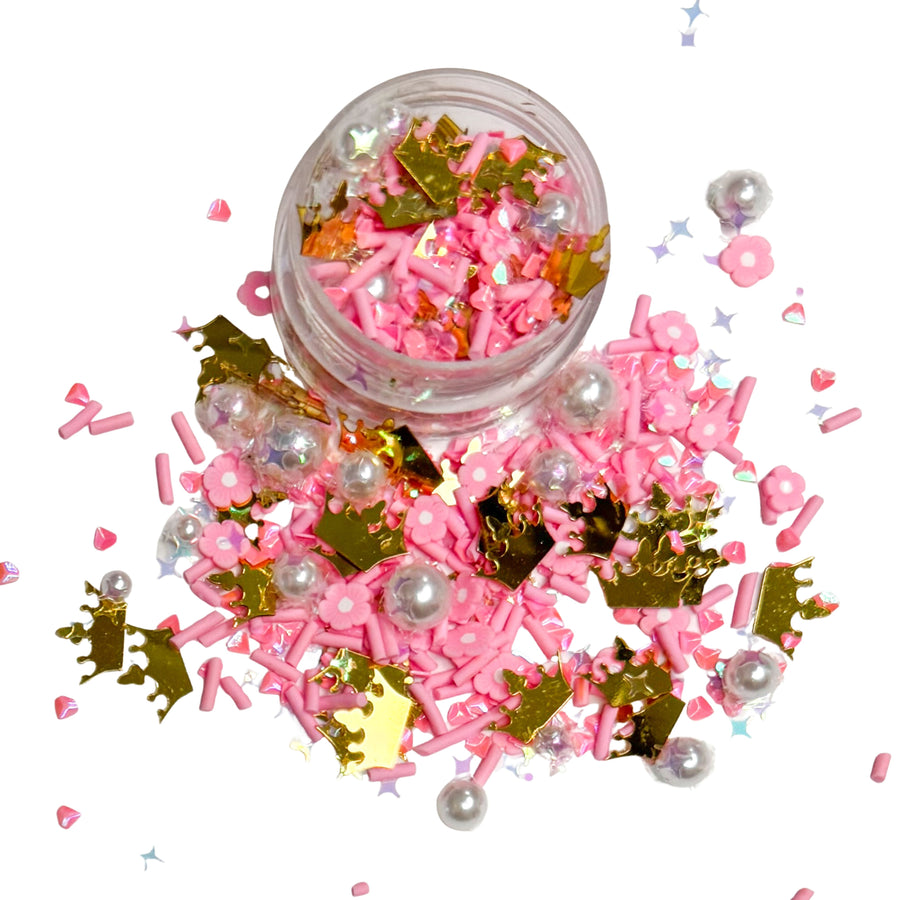 This princess inspired sequin glitter is versatile for many craft projects. This flower and sprinkle mix has flowers, crowns, pearls, and sprinkles. You can use it to add sparkle and decoration to resin projects, filling for shaker bows, slime making, party decor, scrapbooking, card making and nail art.